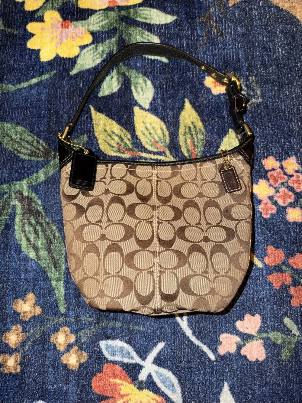 Vintage Coach Tan/Brown Signature Canvas Small Shoulder Bag with Dark Brown Trim